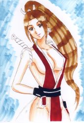 Rule 34 | 1girl, breasts, fatal fury, highres, large breasts, ponytail, rope, shiranui mai, snk, solo, traditional media