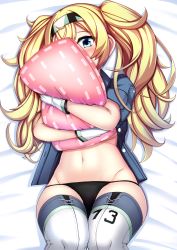 Rule 34 | 1girl, black panties, blonde hair, blue eyes, blue shirt, breasts, collared shirt, fuuki (te fuukin), gambier bay (kancolle), hairband, highres, hug, kantai collection, large breasts, lying, navel, hugging object, on back, open clothes, open shirt, panties, pillow, pillow hug, shirt, solo, thighhighs, twintails, underwear, white thighhighs