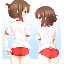 Rule 34 | 10s, 2girls, adjusting buruma, adjusting clothes, ass, blush, brown hair, buruma, faubynet, folded ponytail, from behind, gym uniform, hair ornament, hairclip, highres, ikazuchi (kancolle), inazuma (kancolle), kantai collection, looking at viewer, looking back, multiple girls, open mouth, revision, short hair, simple background, smile, white background