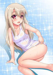 Rule 34 | 1girl, blue background, breasts, child, cleavage, fate/kaleid liner prisma illya, fate (series), highres, illyasviel von einzbern, kishimen, legs, light brown hair, long hair, medium breasts, one-piece swimsuit, open mouth, red eyes, school swimsuit, see-through, solo, swimsuit, wet, white one-piece swimsuit, white school swimsuit
