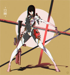 Rule 34 | 1girl, black hair, bodysuit, brown eyes, chromatic aberration, covered navel, crotch plate, full body, gluteal fold, gun, hair between eyes, highres, holding, holding gun, holding weapon, kanji, legs apart, long hair, looking at viewer, lxy67626787, original, rifle, science fiction, shadow, skin tight, smile, solo, spread legs, standing, tooot, turtleneck, weapon