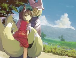 Rule 34 | 2girls, animal ears, bad id, bad pixiv id, blonde hair, brown hair, carrying, cat ears, cat girl, cat tail, chen, dutch angle, earrings, female focus, fox tail, from behind, hat, hidebo, highres, jewelry, landscape, looking back, meadow, multiple girls, multiple tails, piggyback, short hair, skirt, smile, tail, touhou, yakumo ran, yellow eyes