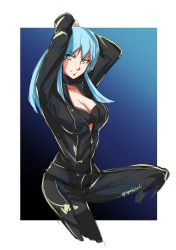 Rule 34 | 1girl, arms up, belt, blue hair, bodysuit, breasts, center opening, cleavage, closed mouth, collar, devil summoner, gin&#039;oya, highres, long hair, looking at viewer, nemissa, smile, solo, soul hackers, yellow eyes, zipper