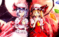 Rule 34 | 2girls, arm behind back, blonde hair, blood, blouse, collared shirt, female focus, flandre scarlet, hair between eyes, hand on own chest, hat, holysnow, light purple hair, mob cap, multiple girls, one eye closed, red eyes, remilia scarlet, shirt, short hair, siblings, sisters, smile, symmetry, tongue, touhou, wallpaper, white shirt, wings, wink, wrist cuffs