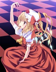 Rule 34 | 1girl, arm up, ascot, bad id, bad pixiv id, between legs, blonde hair, bow, checkered floor, cum, cum string, flandre scarlet, floor, flower, hand between legs, hat, hat bow, hat flower, highres, ina (inadahime), oouso, open mouth, perspective, red eyes, ribbon, saliva, saliva trail, short hair, side ponytail, sitting, skirt, skirt set, solo, tongue, tongue out, touhou, wings