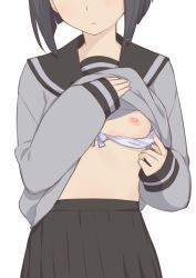 Rule 34 | 1girl, :t, black hair, blush, bow, bow bra, bra, bra pull, breasts, clothes lift, clothes pull, head out of frame, highres, lifting own clothes, morisobo, nipples, one breast out, pout, pulling own clothes, school uniform, shirt lift, short hair, simple background, small breasts, solo, tanaka-kun wa itsumo kedaruge, tanaka rino, underwear, white background