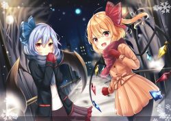 Rule 34 | 2girls, bat wings, black legwear, blonde hair, blue bow, blush, border, bow, bridge, commentary request, cowboy shot, dress, dutch angle, facing viewer, flandre scarlet, hair bow, jacket, light particles, light purple hair, looking at viewer, mittens, multiple girls, night, night sky, no headwear, no headwear, open mouth, orange dress, outdoors, pantyhose, red bow, red eyes, remilia scarlet, renka (cloudsaikou), scarf, scarlet devil mansion, short hair, siblings, sisters, skirt, sky, smile, snow, snowflakes, touhou, translucent border, transparent border, tree, wings, winter, winter clothes