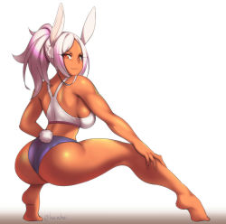 Rule 34 | 1girl, animal ears, ass, bare arms, bare legs, bare shoulders, barefoot, boku no hero academia, breasts, closed mouth, dark-skinned female, dark skin, eyelashes, feet, from behind, hevn, looking at viewer, looking back, medium breasts, mirko, orange eyes, parted bangs, ponytail, rabbit ears, rabbit girl, rabbit tail, short shorts, shorts, silver hair, simple background, smile, solo, sports bra, sportswear, squatting, thighs, tiptoes, white background