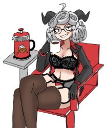 Rule 34 | absurdres, blouse, bra, chair, coffee, coffee cup, coffee pot, crossed legs, cup, curly hair, deculture, demon horns, disposable cup, garter belt, garter straps, glasses, gloves, grey hair, helltaker, highres, horns, non-web source, open clothes, open shirt, pandemonica (helltaker), pantyhose, sexually suggestive, shirt, smug, thighhighs, underwear