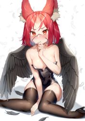 Rule 34 | 1girl, animal ear fluff, animal ears, bare shoulders, between legs, black footwear, black leotard, black thighhighs, blush, breasts, collarbone, feathered wings, feathers, feet out of frame, hand between legs, hand on own chin, high heels, highres, horns, illian-san, leotard, nose blush, original, red eyes, red hair, scar, scar on face, short hair, single horn, sitting, skindentation, small breasts, solo, stroking own chin, thighhighs, thighs, v-shaped eyebrows, wariza, wings