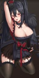 Rule 34 | 1girl, arm behind head, armpits, asymmetrical sleeves, azur lane, black hair, black thighhighs, bow, breasts, cherrymaru, cleavage, detached collar, dress, garter straps, hair between eyes, hair ornament, kneeling, large breasts, long hair, red bow, red eyes, resolution mismatch, short dress, single sleeve, solo, source larger, strapless, strapless dress, taihou (azur lane), taihou (muse) (azur lane), thighhighs, tongue, tongue out, twintails, uneven sleeves, very long hair, zettai ryouiki