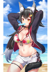 Rule 34 | 1girl, absurdres, animal ear fluff, animal ears, arms behind head, artist name, beach, bikini, bikini under clothes, black hair, blue sky, breasts, cloud, collar, collarbone, day, food, hair ornament, highres, hololive, jacket, large breasts, leg belt, long sleeves, looking at viewer, mouth hold, navel, ocean, ookami mio, ookami mio (hololive summer 2019), open clothes, open jacket, outdoors, ponytail, popsicle, short hair, shorts, sky, solo, swimsuit, tail, tail wrap, virtual youtuber, white shorts, wolf ears, wolf girl, wolf tail, yellow eyes, youl