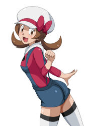 Rule 34 | 1girl, :d, ass, blue overalls, blush, bow, brown eyes, brown hair, cabbie hat, commentary request, creatures (company), from side, game freak, hat, hat bow, kuro hopper, long hair, lyra (pokemon), nintendo, open mouth, overalls, pokemon, pokemon hgss, red bow, red shirt, shirt, smile, solo, thighhighs, tongue, twintails, white hat