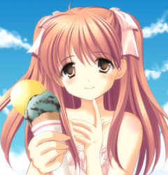 Rule 34 | 1girl, azuma yuki, blue sky, collarbone, day, drinking, finger to mouth, food, hair ribbon, head tilt, holding, ice cream, looking at viewer, original, pink ribbon, ribbon, sky, smile, solo, summer, twintails, upper body