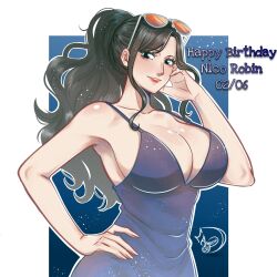 Rule 34 | 1girl, anyumii136, black hair, blue background, blue dress, blue eyes, breasts, character name, cleavage, commentary, cowboy shot, dress, english commentary, eyewear on head, hand on own hip, happy birthday, highres, large breasts, looking at viewer, nico robin, one piece, ponytail, sidelocks, signature, smile, solo