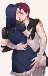 Rule 34 | 2girls, bandaged arm, bandages, blue eyes, blue hair, blush, caitlyn (league of legends), ear piercing, hand on another&#039;s shoulder, highres, league of legends, medium hair, miix777, multiple girls, parted lips, piercing, red hair, twitter username, vi (league of legends), yuri