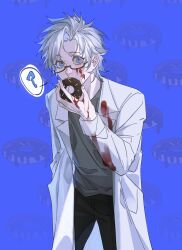 1boy ? absurdres black_pants blood blood_on_clothes blood_on_face blood_on_hands blue_background blue_eyes chinese_commentary commentary_request curtained_hair doughnut food glasses grey_shirt hand_in_pocket highres holding holding_food kanou_aogu lab_coat lapels male_focus notched_lapels open_clothes pants rectangular_eyewear saibou_shinkyoku semi-rimless_eyewear shirt short_hair solo speech_bubble spoken_question_mark sprinkles white_hair zhili_yuan