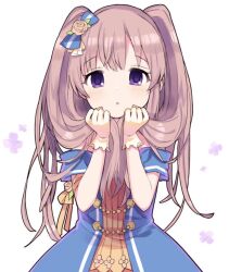 Rule 34 | 1girl, arm ribbon, bare shoulders, blue dress, blue ribbon, blush, brown hair, caracorn, dress, flower, gloves, hair flower, hair ornament, hair ribbon, holding, holding own hair, idolmaster, idolmaster shiny colors, long hair, looking at viewer, open mouth, orange ribbon, pink flower, pink rose, purple eyes, ribbon, rose, simple background, solo, twintails, white background, white gloves, yukoku kiriko