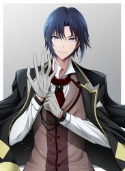 Rule 34 | 1boy, adjusting clothes, adjusting gloves, black jacket, blue eyes, blue hair, border, brown vest, commentary request, gloves, grey background, grey gloves, highres, idolish7, izumi iori, jacket, jacket on shoulders, light particles, long sleeves, looking at viewer, male focus, parted bangs, shirt, short hair, simple background, smile, solo, umasan, upper body, vest, white shirt