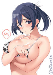 Rule 34 | 1girl, animal print, bikini, blue eyes, blue hair, blush, breasts, collarbone, colored eyelashes, covering privates, covering chest, cow print, cropped torso, ebifurya, embarrassed, highres, kantai collection, large breasts, lifting own clothes, looking at viewer, medium hair, micro bikini, simple background, skindentation, solo, souryuu (kancolle), spoken blush, swimsuit, twintails, twitter username, upper body, white background