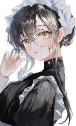 Rule 34 | 1girl, black dress, black hair, blush, breasts, dress, earrings, frills, from side, glasses, hair between eyes, twirling hair, hand up, hyatsu, jewelry, long sleeves, looking at viewer, maid, maid headdress, medium breasts, original, parted lips, puffy sleeves, round eyewear, simple background, solo, upper body, white background, yellow eyes