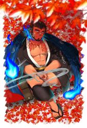 Rule 34 | 1boy, abs, autumn leaves, bara, beard, black hair, black kimono, blue fire, dark-skinned male, dark skin, facial hair, facial scar, fire, forked eyebrows, from above, full beard, full body, head tilt, highres, hitodama, holding, holding smoking pipe, japanese clothes, kimono, large pectorals, looking at viewer, male focus, mario (mariwoaa), mature male, muscular, muscular male, pectoral cleavage, pectorals, sandals, sandayu (housamo), scar, scar on cheek, scar on face, short hair, sitting, slippers, smoking pipe, thick beard, tokyo houkago summoners, zouri