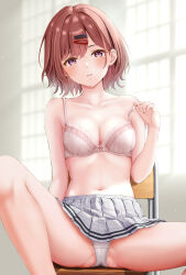 Rule 34 | 1girl, absurdres, ass, bare legs, blurry, blurry background, blush, bra, breasts, brown hair, ca paria, cameltoe, chair, cleavage, collarbone, embroidered bra, feet out of frame, grey skirt, highres, higuchi madoka, idolmaster, idolmaster shiny colors, looking at viewer, medium breasts, mole, mole under eye, navel, panties, plaid, plaid skirt, pleated skirt, school chair, short hair, sitting, skirt, solo, spread legs, stomach, strap slip, underwear, white bra, white panties