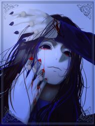 Rule 34 | 1boy, black eyes, black nails, blonde hair, blood, blood on face, blue theme, highres, hunter x hunter, illumi zoldyck, long hair, looking at viewer, male focus, pin, smile, sy031219