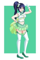 Rule 34 | 1girl, absurdres, artist name, artist request, back bow, bare shoulders, blue hair, blush, bow, bow legwear, bowtie, breasts, cleavage, clenched hand, dress, dress shirt, drop earrings, earrings, female focus, frilled dress, frilled shirt, frilled shirt collar, frilled skirt, frills, full body, gloves, green background, green bow, green footwear, green shirt, hair between eyes, hair bobbles, hair ornament, hair scrunchie, hand on own hip, hand up, high ponytail, highres, jewelry, koi ni naritai aquarium, long hair, looking at viewer, love live!, love live! school idol festival, love live! sunshine!!, matsuura kanan, miniskirt, parted lips, plaid, plaid skirt, pleated, pleated skirt, ponytail, purple eyes, scrunchie, shell hair ornament, shirt, shoes, skirt, sleeveless, sleeveless shirt, small breasts, smile, solo, standing, star (symbol), star hair ornament, starfish hair ornament, striped, striped bow, white background, white gloves, white legwear, white scrunchie, white shirt, white wrist cuffs, wrist cuffs, yellow bow