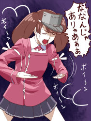 Rule 34 | 10s, 1girl, anger vein, breast envy, brown hair, hat, ishii hisao, kantai collection, magatama, pleated skirt, ryuujou (kancolle), skirt, solo, twintails, visor cap