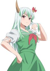 Rule 34 | 1girl, ascot, bow, dress, ex-keine, green dress, green hair, gyouza (mhea5724), highres, horn bow, horn ornament, horns, kamishirasawa keine, multicolored hair, puffy short sleeves, puffy sleeves, red ascot, red eyes, short sleeves, solo, touhou, two-tone hair, upper body, white background, white hair, white sleeves