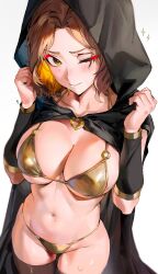 Rule 34 | 1girl, absurdres, bikini, bikini under clothes, blush, breasts, brown eyes, brown hair, brown thighhighs, cloak, closed mouth, elden ring, gold bikini, groin, hands up, highres, hood, hood up, hooded cloak, large breasts, looking at viewer, melina (elden ring), navel, odyssey 21, one eye closed, solo, stomach, swimsuit, thighhighs