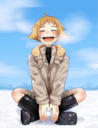 Rule 34 | 1girl, :d, black footwear, black shirt, blonde hair, blue sky, blush, boots, breath, brown jacket, brown shorts, casual, commentary, cross-laced footwear, day, erwin (girls und panzer), facing viewer, full body, fur-trimmed jacket, fur trim, girls und panzer, holding, jacket, jimanaka (yukinosingun), lace-up boots, long sleeves, open mouth, outdoors, pointy hair, shirt, short hair, shorts, sitting, sky, smile, snow, snowflake background, solo, winter, winter clothes