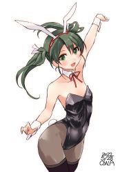 Rule 34 | 1girl, animal ears, artist name, black leotard, black pantyhose, breasts, cowboy shot, dark green hair, dated, detached collar, green eyes, highres, kantai collection, leotard, long hair, looking at viewer, neck ribbon, one-hour drawing challenge, owa (ishtail), pantyhose, pantyhose under thighhigh, playboy bunny, rabbit ears, rabbit tail, red ribbon, ribbon, simple background, small breasts, solo, strapless, strapless leotard, tail, thighhighs, thighhighs over pantyhose, twintails, white background, wrist cuffs, zuikaku (kancolle)
