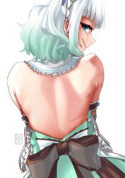 Rule 34 | 1girl, aqua dress, aqua hair, back, back bow, backless dress, backless outfit, bare shoulders, blue eyes, blunt bangs, bow, closed mouth, djolk, dress, frilled dress, frills, from behind, green dress, green hair, highres, indie virtual youtuber, looking at viewer, looking back, maid, maid headdress, medium hair, mint fantome, profile, shoulder blades, simple background, smile, solo, upper body, virtual youtuber, white background, white hair