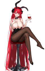 Rule 34 | 1girl, absurdly long hair, absurdres, animal ears, azur lane, bar stool, black horns, black leotard, bow, bowtie, breasts, brown pantyhose, chinese commentary, cleavage, commentary request, crossed legs, cup, curled horns, detached collar, drinking glass, fake animal ears, full body, hair ornament, hand on own chest, highres, hindenburg (azur lane), hindenburg (delirious duel) (azur lane), holding, holding cup, horns, huge breasts, huijin zhi ling, leotard, long hair, official alternate costume, pantyhose, playboy bunny, pointy ears, rabbit ears, red eyes, red hair, red wine, simple background, sitting, solo, stool, strapless, strapless leotard, traditional bowtie, very long hair, white background, wine glass, wrist cuffs