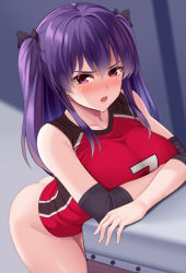 Rule 34 | 1girl, :o, arm support, bare shoulders, black bow, blush, bottomless, bow, breast rest, breasts, collarbone, cowboy shot, elbow pads, hair between eyes, hair bow, hair ornament, huyumitsu, jersey, large breasts, leaning forward, long hair, looking at viewer, open mouth, original, paid reward available, parted lips, purple eyes, purple hair, red shirt, shirt, sleeveless, sleeveless shirt, solo, sportswear, standing, two side up, vaulting horse, volleyball uniform