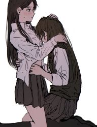 2girls black_hair black_socks black_sweater_vest blush brown_hair collared_shirt commentary dress_shirt grey_skirt highres itagaku kneehighs kneeling long_hair multiple_girls open_mouth original partially_unbuttoned school_uniform shirt simple_background skirt sleeves_past_elbows socks sweatdrop sweater_vest white_background yuri