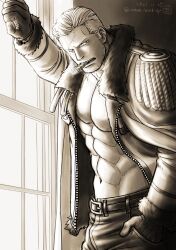 Rule 34 | 1boy, abs, against window, bara, brown theme, chiseled face, coat, cowboy shot, denim, epaulettes, facial hair, jeans, kokorozashi, large pectorals, looking at viewer, looking to the side, male focus, mature male, medium sideburns, muscular, muscular male, navel, one piece, pants, pectoral cleavage, pectorals, scar, scar on face, scar on forehead, short hair, sideburns stubble, smoker (one piece), solo, sparse stubble, stitches, stomach, stubble, tsurime