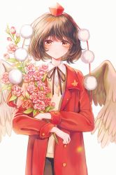 Rule 34 | 1girl, absurdres, alternate costume, blush, brown hair, brown ribbon, coat, flower, flower request, hat, highres, holding, holding flower, hourai kiriri, long sleeves, looking at viewer, parted lips, pink flower, pom pom (clothes), red coat, red eyes, red hat, ribbon, shameimaru aya, short hair, simple background, solo, tokin hat, touhou, upper body, white background, wing collar