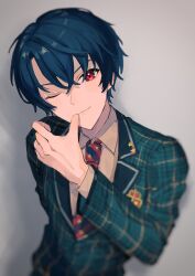 Rule 34 | 1boy, black hair, black necktie, closed mouth, collared shirt, green jacket, highres, jacket, looking at viewer, mahoutsukai no yakusoku, male focus, necktie, one eye closed, piza-chan, plaid, plaid jacket, red eyes, red necktie, shino sherwood, shirt, smile, solo, striped necktie, white shirt