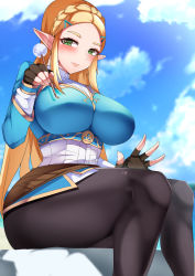 Rule 34 | 1girl, absurdres, alternate breast size, blonde hair, blush, braid, breasts, cloud, cloudy sky, crown braid, eyebrows, fingerless gloves, gloves, green eyes, highres, impossible clothes, impossible shirt, lap pillow invitation, large breasts, light smile, lips, long hair, mimikaki, nintendo, pants, pointy ears, princess zelda, shirt, sitting, skin tight, sky, solo, the legend of zelda, the legend of zelda: breath of the wild, thick thighs, thighs, tiamat (momokuri mannen), very long hair