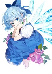 Rule 34 | 1girl, barefoot, blue dress, blue hair, bow, cirno, dress, fairy wings, flower, hair bow, ice, ice wings, puffy short sleeves, puffy sleeves, short hair, short sleeves, simple background, sukja, touhou, white background, wings
