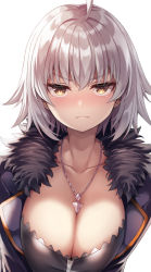Rule 34 | ahoge, breasts, breasts day, cleavage, coat, dress, fate/apocrypha, fate/grand order, fate (series), fur collar, fur trim, jeanne d&#039;arc (fate), jeanne d&#039;arc alter (fate), jeanne d&#039;arc alter (ver. shinjuku 1999) (fate), jewelry, large breasts, looking at viewer, nano (syoutamho), necklace, official alternate costume, open clothes, open coat, plunging neckline, short hair, silver hair, solo, tsurime, white background, wicked dragon witch ver. shinjuku 1999, yellow eyes
