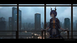 Rule 34 | 1girl, arknights, blue hair, breasts, ch&#039;en (arknights), cityscape, cowboy shot, dragon horns, dragon tail, expressionless, gloves, hair between eyes, highres, horns, indoors, jacket, letterboxed, long hair, looking away, low twintails, medium breasts, midriff peek, mool yueguang, multiple swords, necktie, orange necktie, red eyes, shirt, short shorts, shorts, sidelocks, solo, tail, twintails, weapon, weapon on back, white shirt