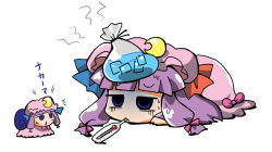 Rule 34 | 1girl, animalization, bad id, bad pixiv id, bag, blue eyes, bow, chibi, commentary request, crescent, hat, ice, long hair, noai nioshi, patchouli knowledge, purple hair, sick, snail, sweat, thermometer, touhou, water, white background