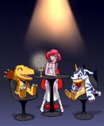 absurdres agumon blue_eyes digimon digimon_story:_cyber_sleuth gabumon hair_ornament hairpin highres long_hair one_eye_closed shiramine_nokia twintails wink