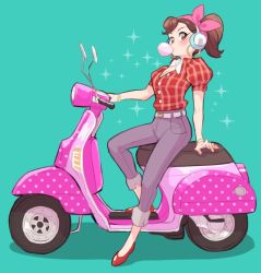 Rule 34 | 1girl, bad id, bad twitter id, belt, blue background, blush, breasts, brown hair, bubble, chewing gum, cleavage, collared shirt, cruiser d.va, d.va (overwatch), denim, earrings, full body, hairband, headphones, hoop earrings, jeans, jewelry, jocheong, looking at viewer, motor vehicle, official alternate costume, overwatch, overwatch 1, pants, plaid, plaid shirt, polka dot, ponytail, puffy short sleeves, puffy sleeves, scooter, shirt, short sleeves, simple background, sitting, slippers, solo, sparkle, vehicle