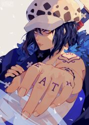 Rule 34 | 1girl, arm tattoo, blue coat, blue hair, coat, commentary, fur collar, genderswap, genderswap (mtf), hand tattoo, hat, highres, holding, holding sword, holding weapon, looking at viewer, one piece, short hair, simple background, sword, tank top, tattoo, trafalgar law, upper body, vonnabeee, weapon, white background, white tank top, yellow eyes
