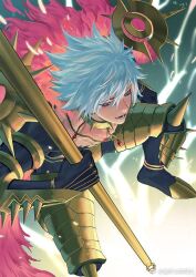 Rule 34 | 1boy, armlet, armor, blue eyes, choker, clenched hand, fate/grand order, fate (series), floating, floating object, gold armor, gold choker, holding, holding polearm, holding weapon, iketsumi, jewelry, karna (fate), leg armor, looking away, parted lips, polearm, shoulder armor, solo, spear, spiked armlet, spiked armor, spiked choker, spiked hair, spikes, squatting, weapon, white hair